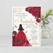 Quinceanera Florale Rouge & Or Invitation Annivers (Debout devant)
