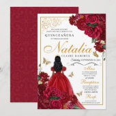Quinceanera Florale Rouge & Or Invitation Annivers (Devant / Derrière)
