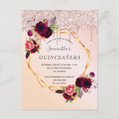 Quinceanera florals roos goudglitter-uitnodiging briefkaart (Voorkant)