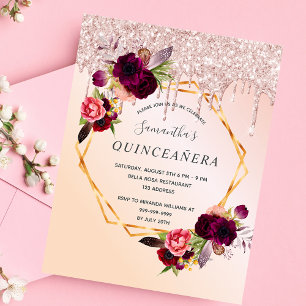 Quinceanera florals roos goudglitter-uitnodiging briefkaart