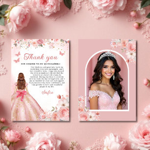 Quinceañera Foto Blush Roze Roos Bloemen Dank u Bedankkaart