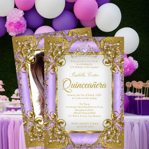 Quinceanera Foto van Paars White Golden Pearl Tiar Kaart