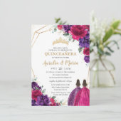Quinceañera Fuchsia Donker Paarse Bloemen Rozen Tw Kaart (Staand voorkant)