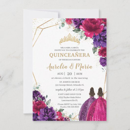 Quinceañera Fuchsia Donker Paarse Bloemen Rozen Tw Kaart (Voorkant)