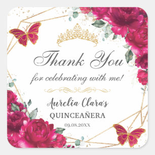 Quinceañera Fuchsia Hot Roze Bloemenvlinders Vierkante Sticker