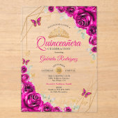 Quinceanera Fuchsia Pink Gold Floral Acryl Uitnodigingen (Voorkant)