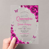 Quinceanera Fuchsia Pink Silver Floral Acryl Uitnodigingen (Insitu (Draagbaar))
