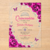 Quinceanera Fuchsia Pink Silver Floral Acryl Uitnodigingen (Voorkant)