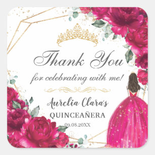 Quinceañera Fuchsia Roze Bloemen Prinses Gown Goud Vierkante Sticker