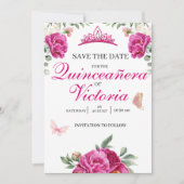 Quinceañera Fuchsia Roze Bloemen Vlinderkroon Save The Date (Voorkant)