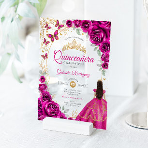 Quinceanera Fuchsia Roze Goud Bloem Acryl Uitnodigingen