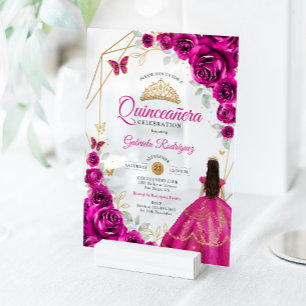 Quinceanera Fuchsia Roze Gouden Jurk Acryl Uitnodigingen