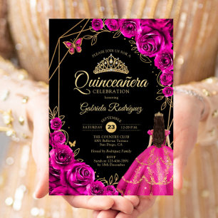 Quinceanera Fuchsia Roze Gouden Jurk Bloem Kaart