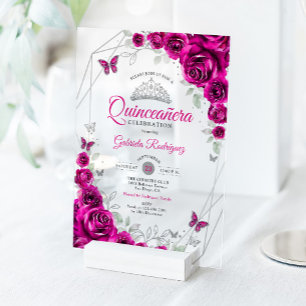 Quinceanera Fuchsia Roze Zilver Bloem Acryl Uitnodigingen