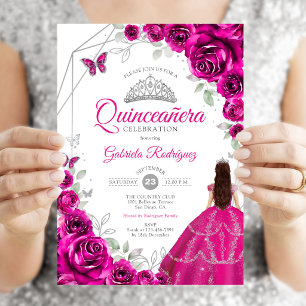 Quinceanera Fuchsia Roze Zilveren Jurk Kaart
