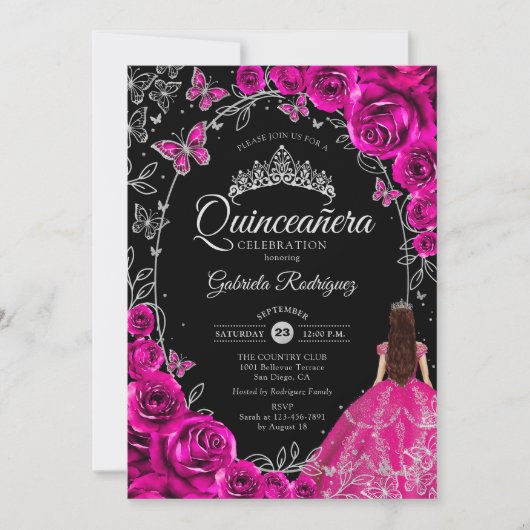 Quinceanera Fuchsia Roze Zwart Kaart (Voorkant)