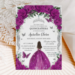 Quinceañera Fuchsia Rozen Bloemen Zilver Kaart