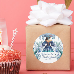Quinceañera Gepersonaliseerde Waterverf Blauw Mexi Ronde Sticker