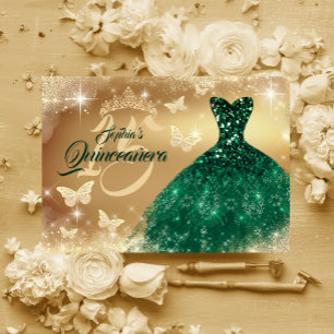 Quinceanera Glans Gouden Smaragd Jurk Kaart