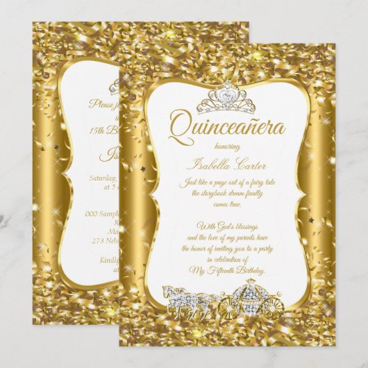 Quinceanera Glitter Fairytale Gold Carriage Party Kaart (Voorkant / Achterkant)