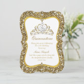 Quinceanera Glitter Gold White Pearl Tiara Invite Kaart (Staand voorkant)