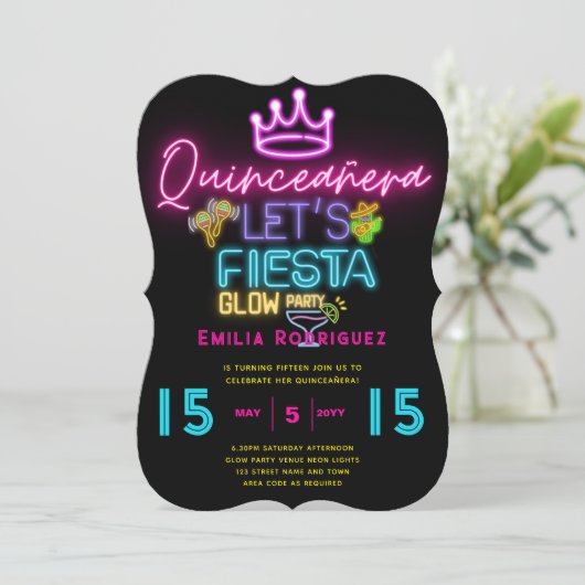 QUINCEAÑERA Glow-feest Neon feest uitnodiging (Staand voorkant)