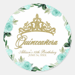 Quinceanera God Glitter Tiara Blauwgroen Bloemen Ronde Sticker