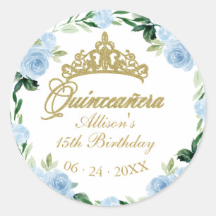 Quinceanera God Tiara Baby Blue Bloem Ronde Sticker