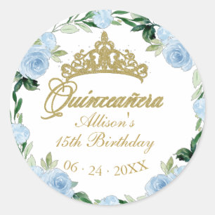 Quinceanera God Tiara Baby Blue Floral Ronde Sticker
