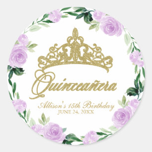 Quinceanera God Tiara Paars Lila Bloem Ronde Sticker