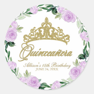 Quinceanera God Tiara Paarse Lila Bloemen Ronde Sticker