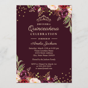 Quinceanera Gold Bourgondië bloemenfonkeling Kaart