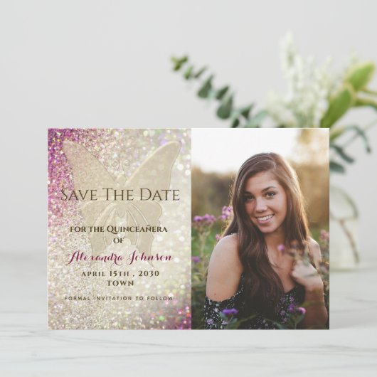 Quinceañera Gold Butterfly Save The Date (Staand voorkant)