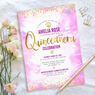 Quinceañera Gold Foil Pink Waterverf Elegant Chic Kaart
