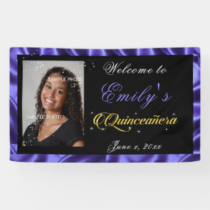 Quinceanera Gold Sparkle Txt, Paarse satijnen foto Spandoek