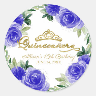 Quinceanera Gold Tiara Royal Blue Floral Ronde Sticker