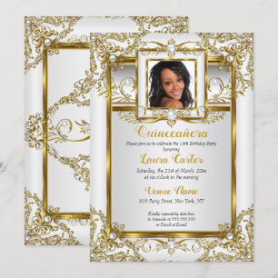 Quinceanera Gold White Pearl Damask Foto Birthday Kaart