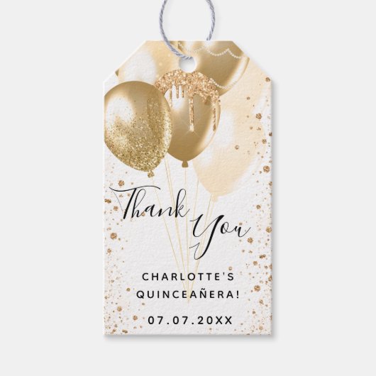Quinceanera Gold witte glitter ballon bedankt Cadeaulabel (Voorkant)
