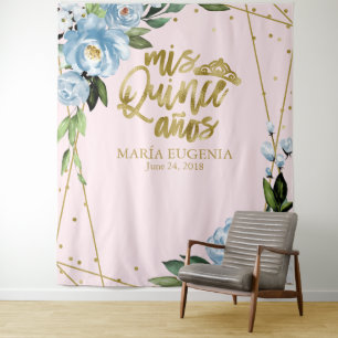 Quinceanera goud folie roze blauw bloemendecoratie wandkleed
