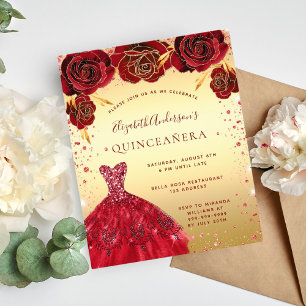 Quinceanera goud rode glittersjurk bloem budget flyer