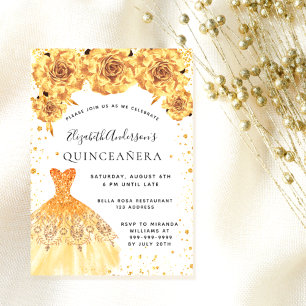 Quinceanera gouden jurk floraal glamoureus kaart