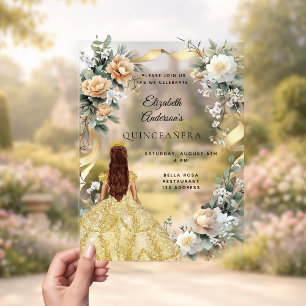Quinceanera gouden jurk gele bloemen helder acryl uitnodigingen