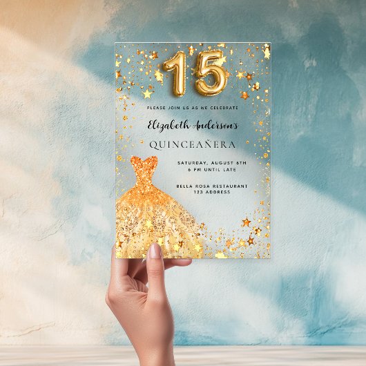 Quinceanera gouden jurk sterren Clear Acryl Uitnodigingen
