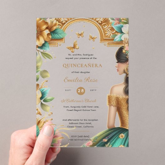 Quinceañera Gouden Smaragdgroene Rozen Jurk Quince Acryl Uitnodigingen (Insitu (Draagbaar))