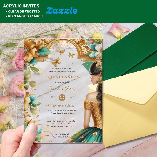 Quinceañera Gouden Smaragdgroene Rozen Jurk Quince Acryl Uitnodigingen