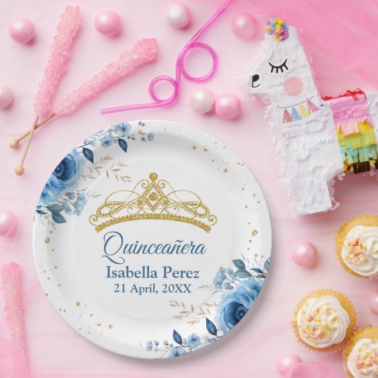 Quinceanera Gouden Tiara Glitter en Blauwe Bloemen Papieren Bordje (Feest)