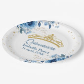 Quinceanera Gouden Tiara Glitter en Blauwe Bloemen Papieren Bordje (Gekanteld)