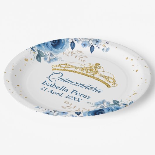 Quinceanera Gouden Tiara Glitter en Blauwe Bloemen Papieren Bordje (Gekanteld)