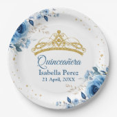 Quinceanera Gouden Tiara Glitter en Blauwe Bloemen Papieren Bordje (Voorkant)