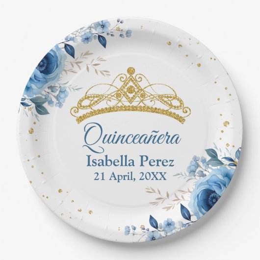 Quinceanera Gouden Tiara Glitter en Blauwe Bloemen Papieren Bordje (Voorkant)
